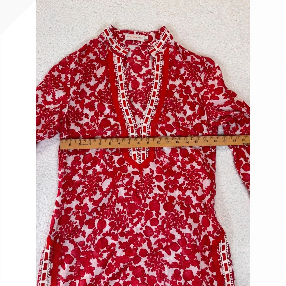 Tory Burch Red White Floral Cotton Tunic Top Split‎ Neck Embroidered Size 2